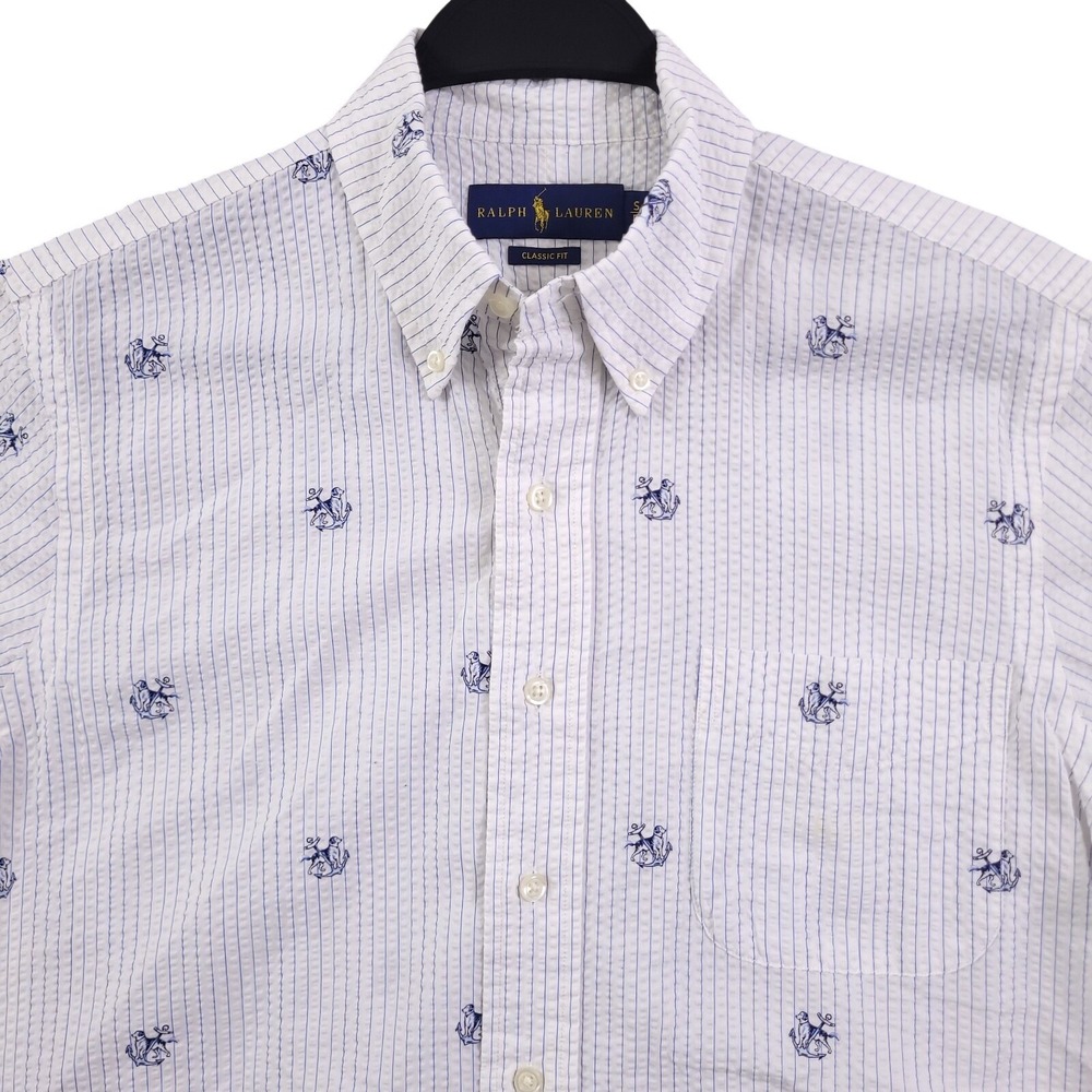 Ralph Lauren Shirt Men S Classic Fit White Seersucker Dog Anchor Nautical AOP